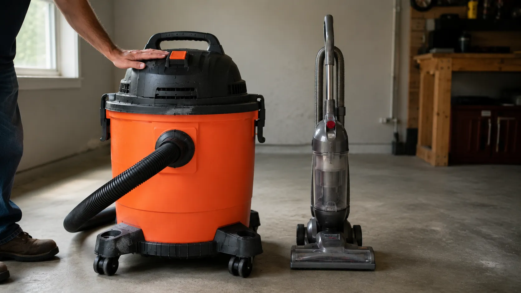 Shop vac next to a household vacuum cleaner for size comparison