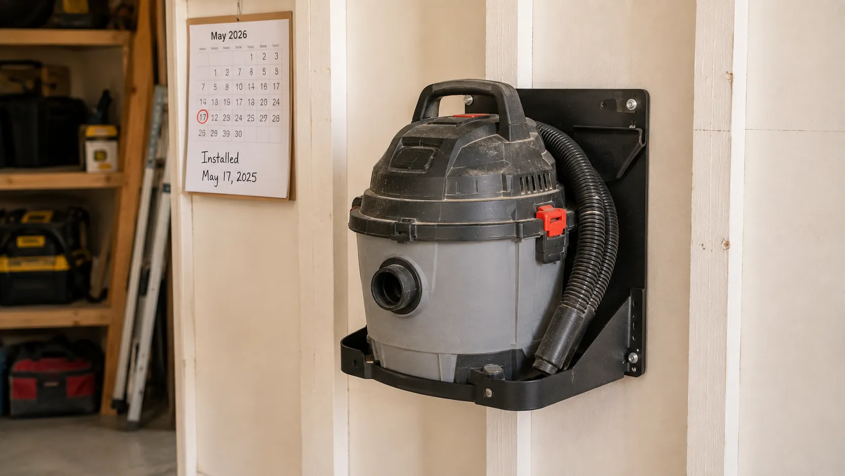 Wall-mounted shop vac still level and secure on two studs about twelve months after installation.