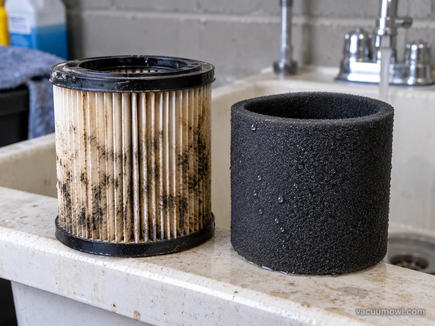 A mildewed shop vac paper cartridge next to a clean rinsed foam sleeve.