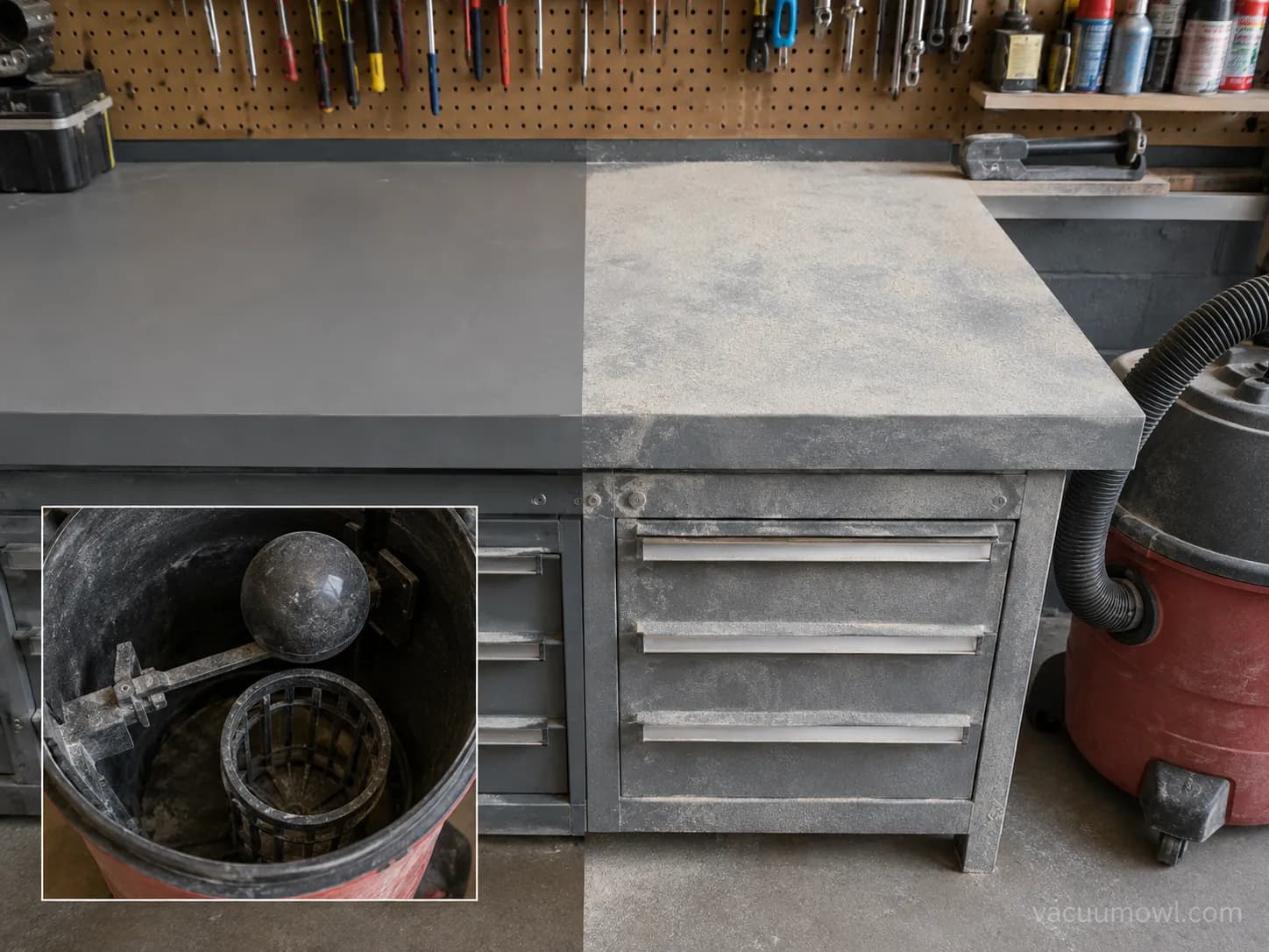 Before and after showing dust blown back after using the wrong shop vac filter.