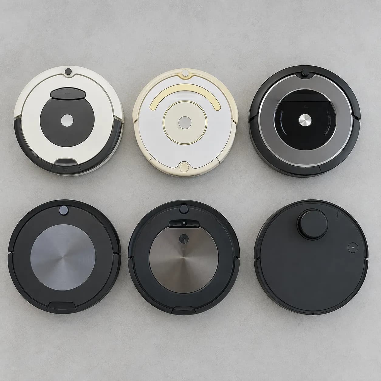 Six generations of Roomba robot vacuums viewed from above, showing different top controls, bin release positions, and designs for quick model identification