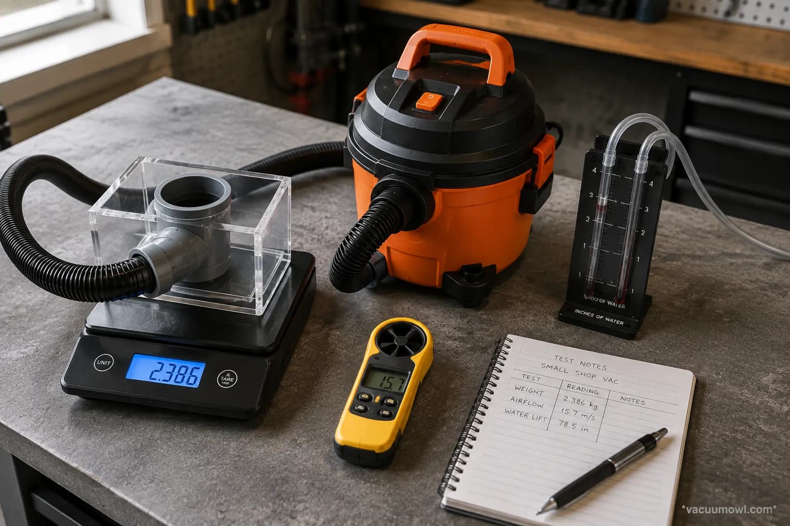 small shop vac test bench with kitchen scale anemometer and water lift gauge