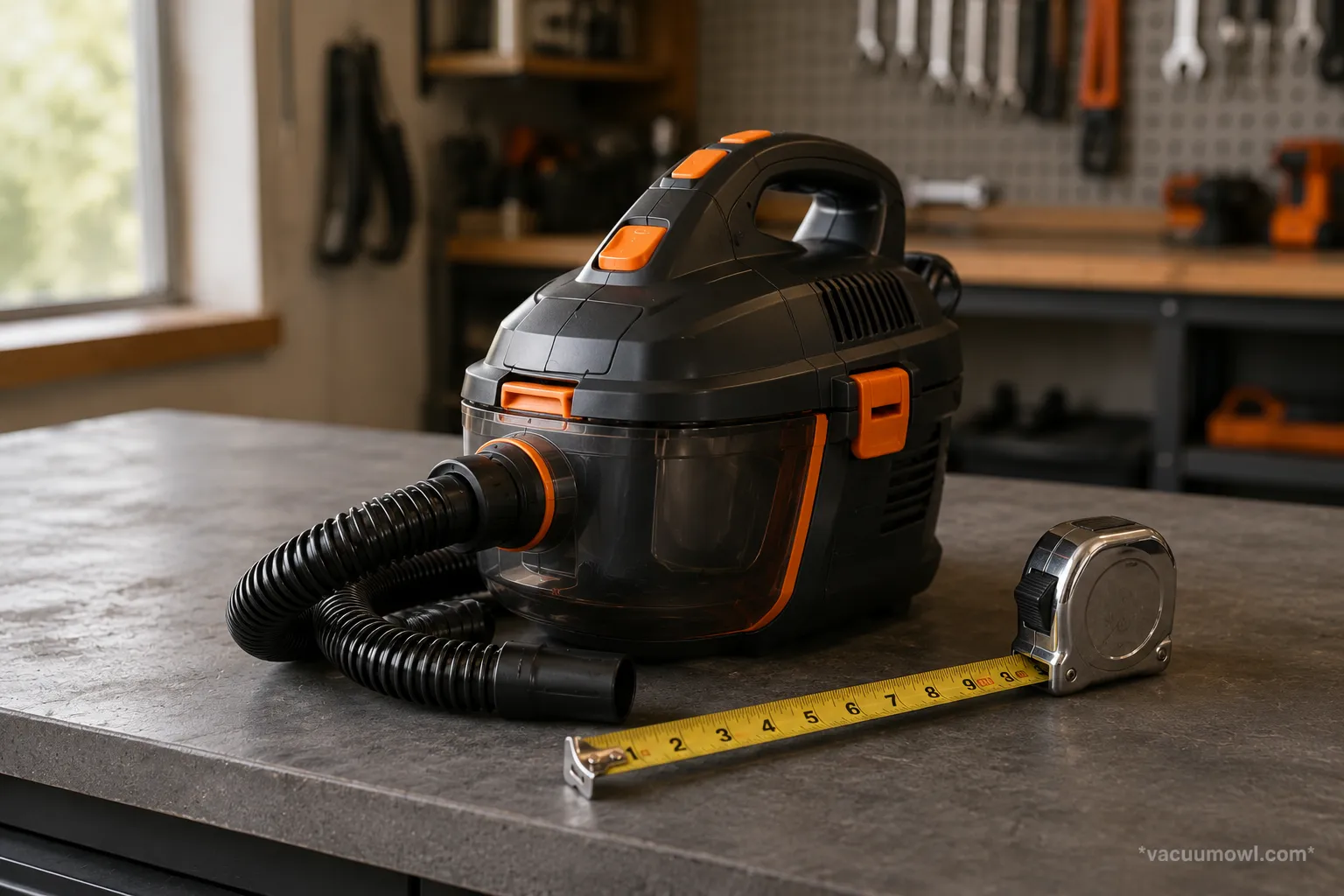 compact handheld shop vac top pick measured with a tape measure on a workbench