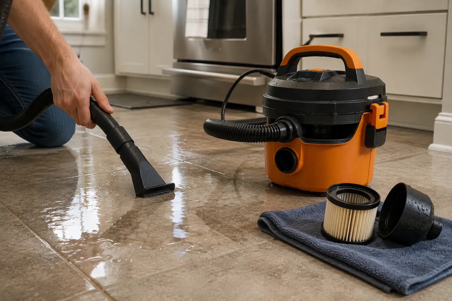 handheld small shop vac picking up a water spill with the filter removed on a towel