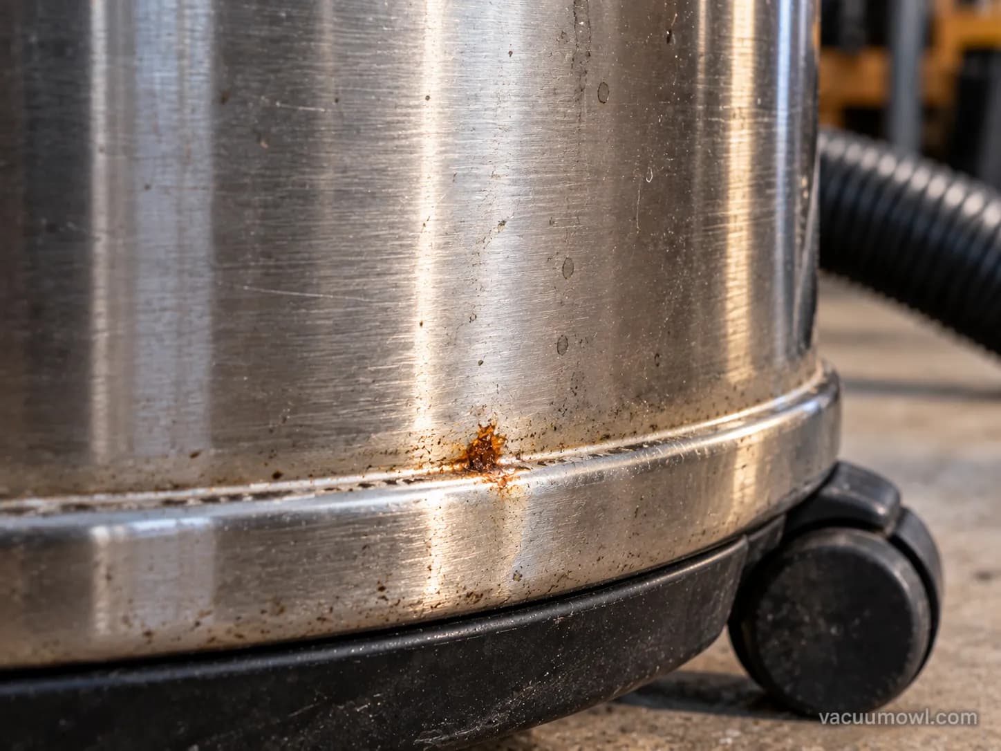 A rust freckle at the bottom seam of a stainless steel shop vac tank.