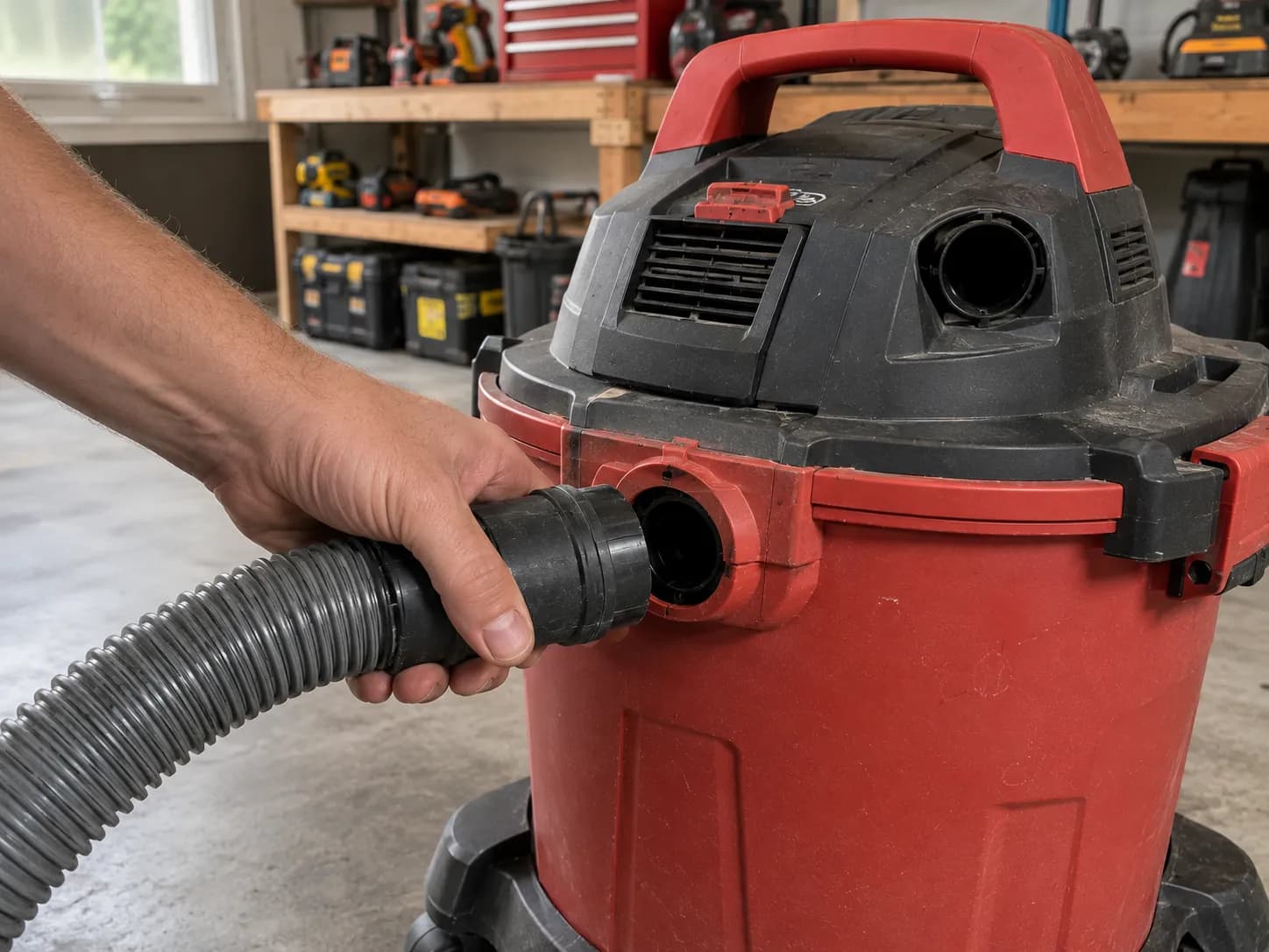 hand moving a shop vac hose from the suction inlet toward the rear blower port