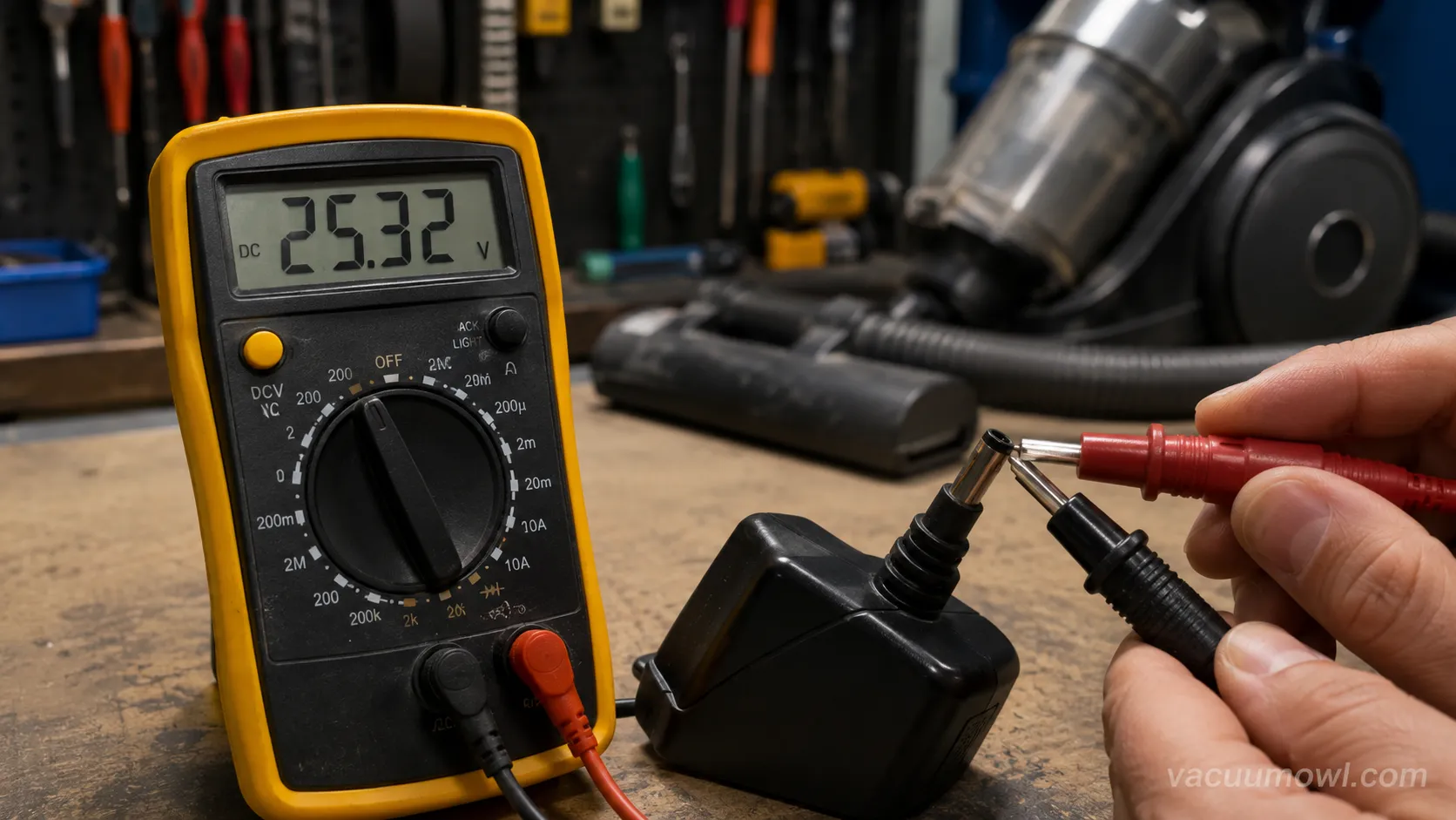 multimeter testing vacuum charger DC voltage output on a workbench
