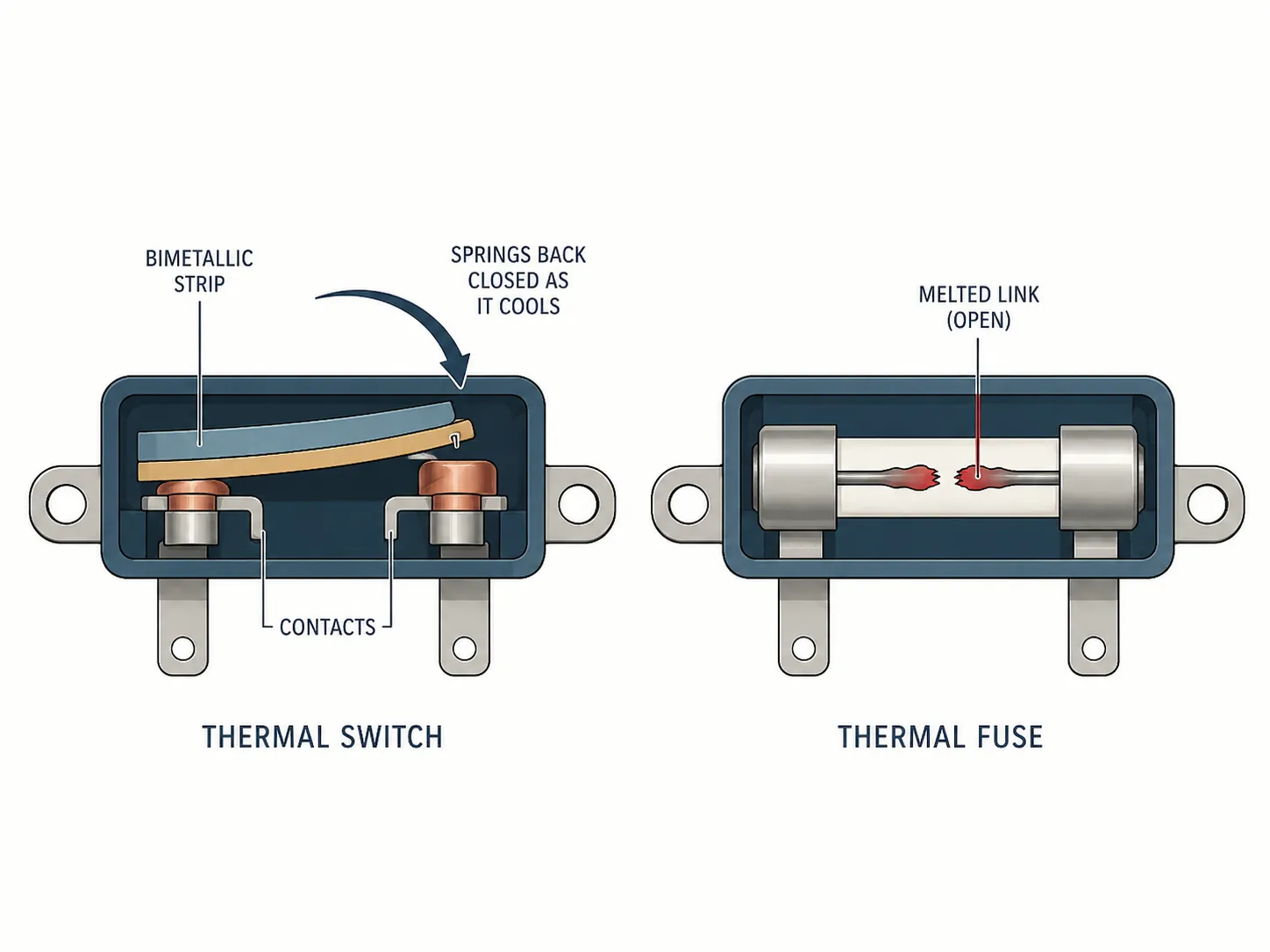 Technical diagram comparing a thermal switch that closes again as it cools with a thermal fuse that remains open after its internal link melts.