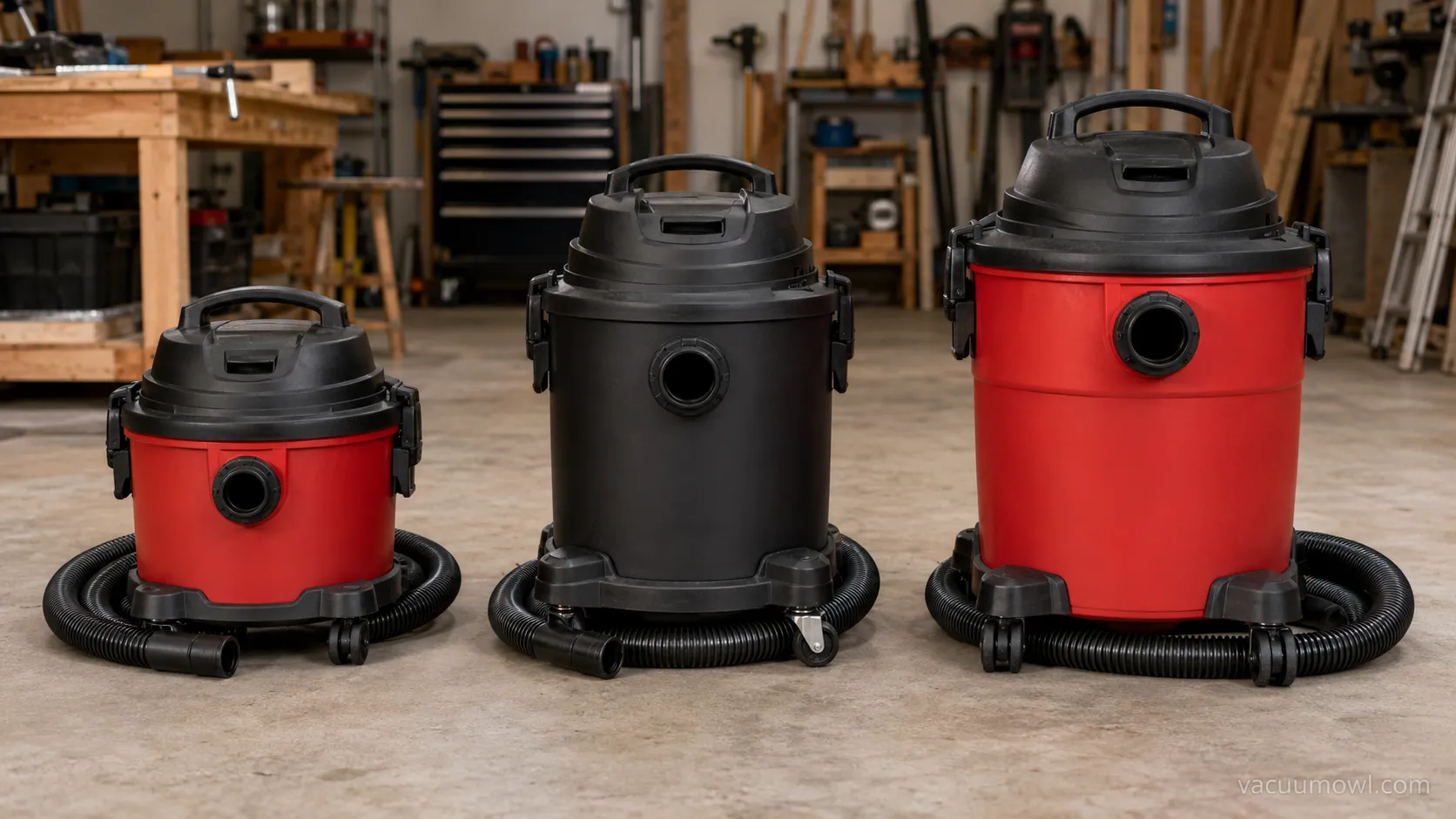 Vacmaster Beast, Professional and Red Edition shop vacs side by side