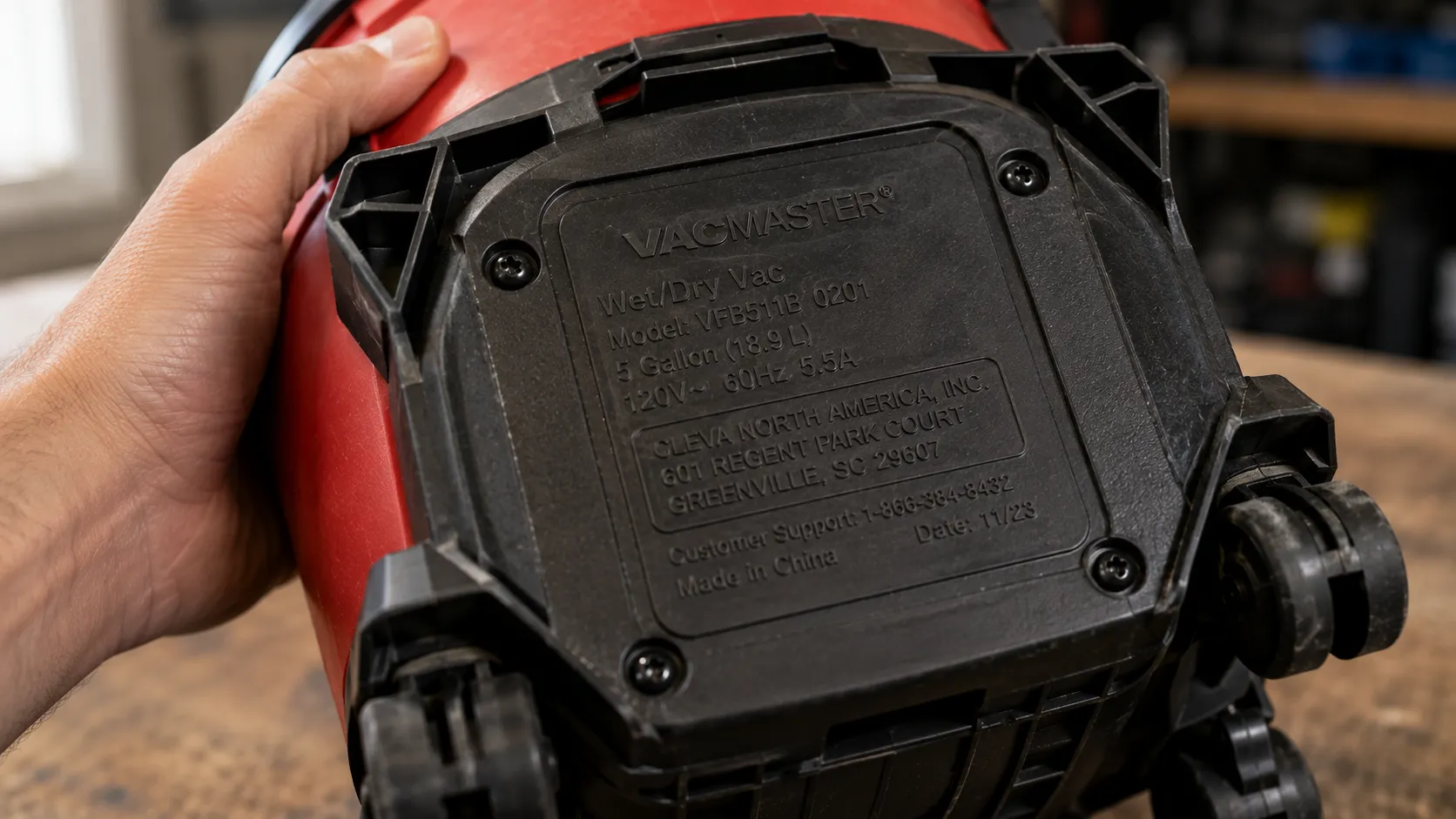 Vacmaster rating plate showing Cleva North America as the maker