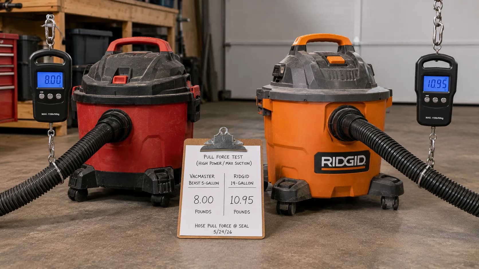 Vacmaster shop vac tested next to a Ridgid wet/dry vac on a pull-force rig