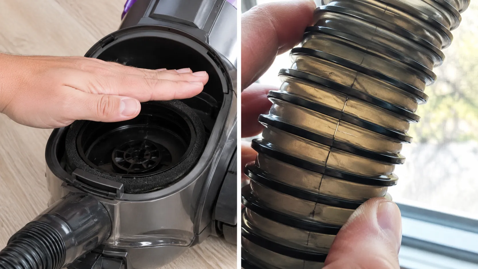 Two-panel vacuum diagnostic photo showing a hand testing airflow over the open filter housing and a ribbed hose held to window light revealing a microcrack.