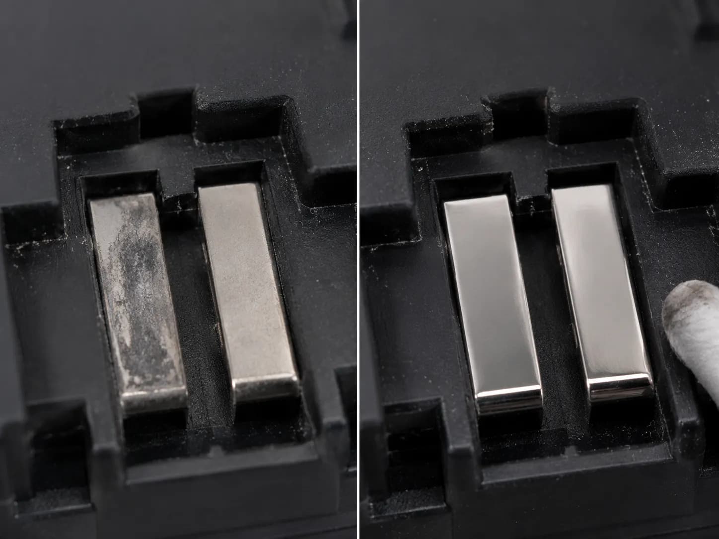 Macro before-and-after comparison of vacuum battery contacts, showing one smeared and dirty contact beside the same contacts cleaned and reflective.