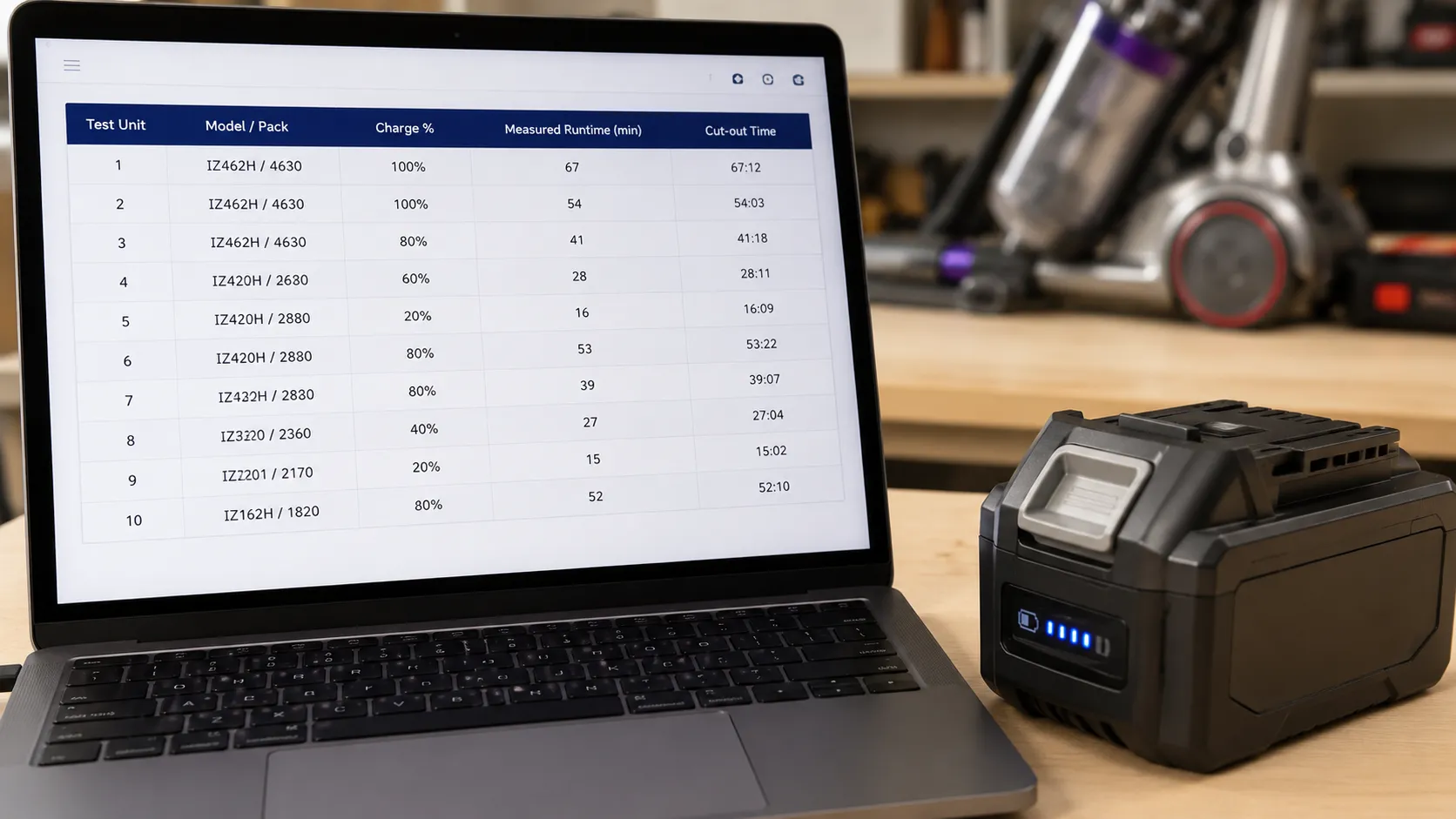 Laptop displaying vacuum battery runtime test results with charge percentage and runtime data.