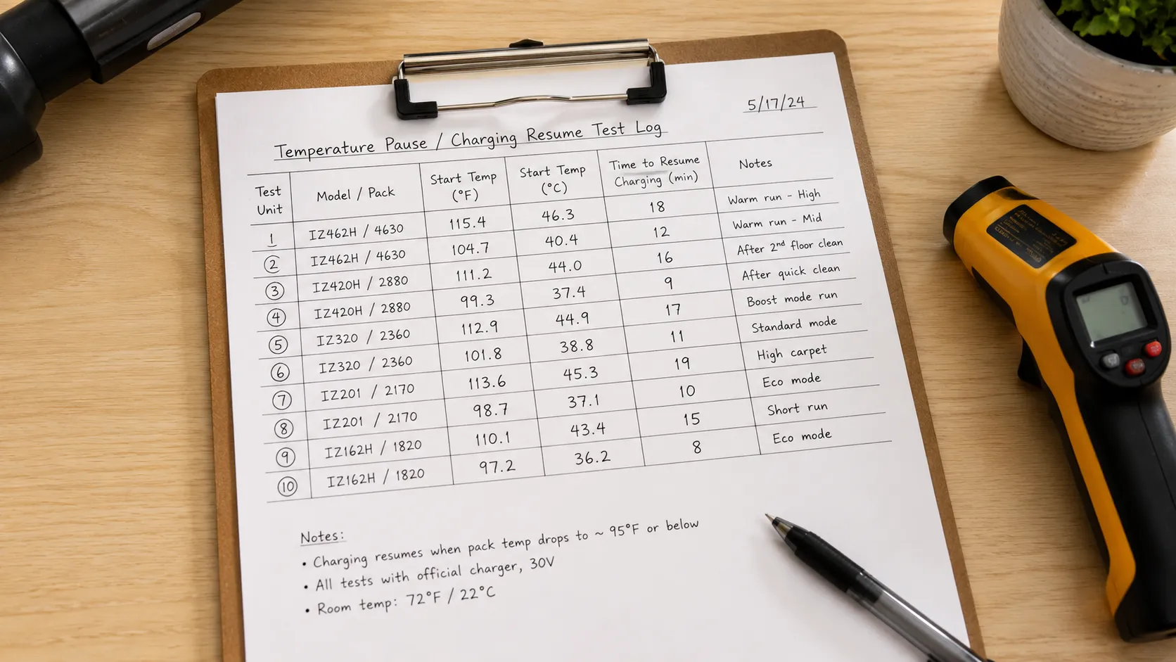 Vacuum battery charging test log with temperature readings and charging resume times.