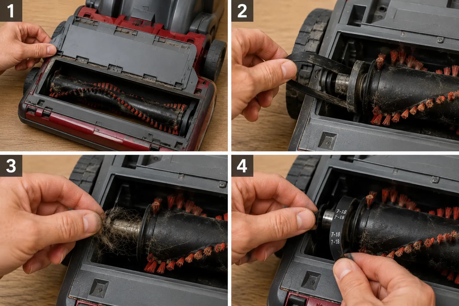 step by step vacuum belt replacement removing the bottom plate and looping the new belt on the brush roll