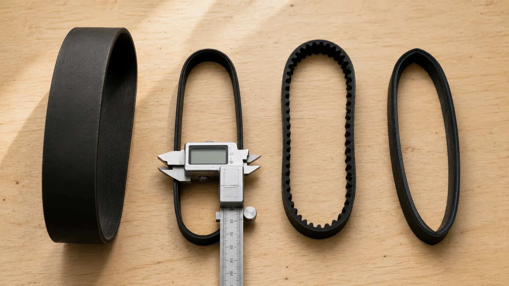 Four different black vacuum belts arranged on a birch workbench, including flat, elastic, toothed and V-shaped designs, with digital calipers measuring the second belt.