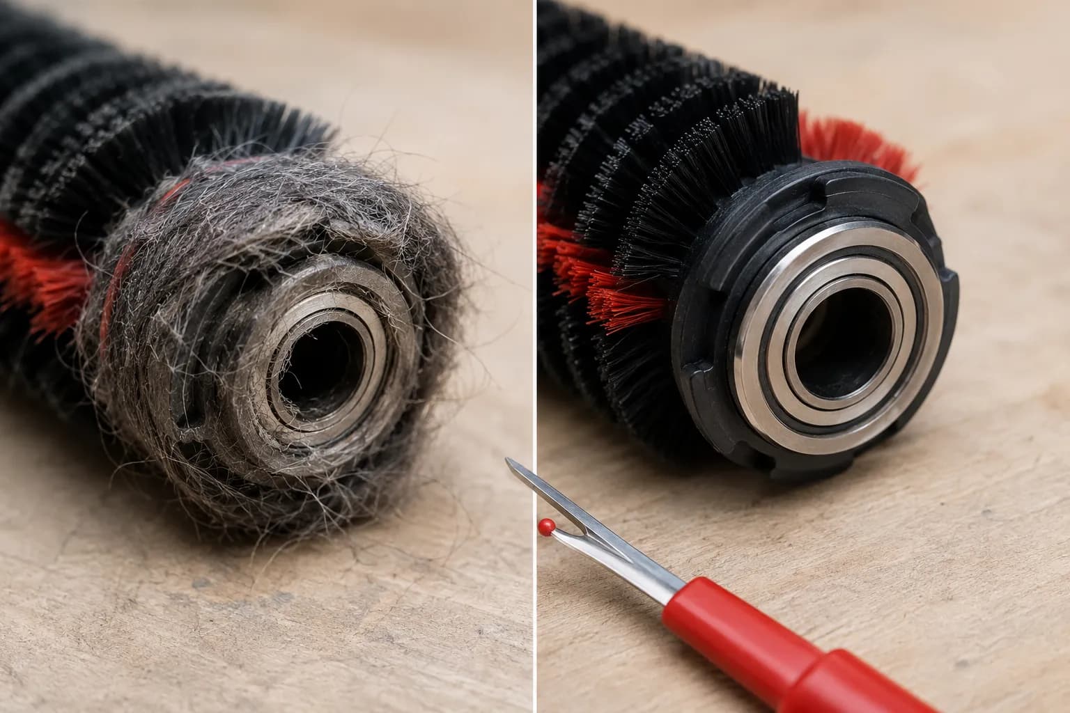Before-and-after close-up of tangled hair packed around a vacuum brush-bar end bearing and the same bearing cleaned, with a red-handled seam ripper beside it.