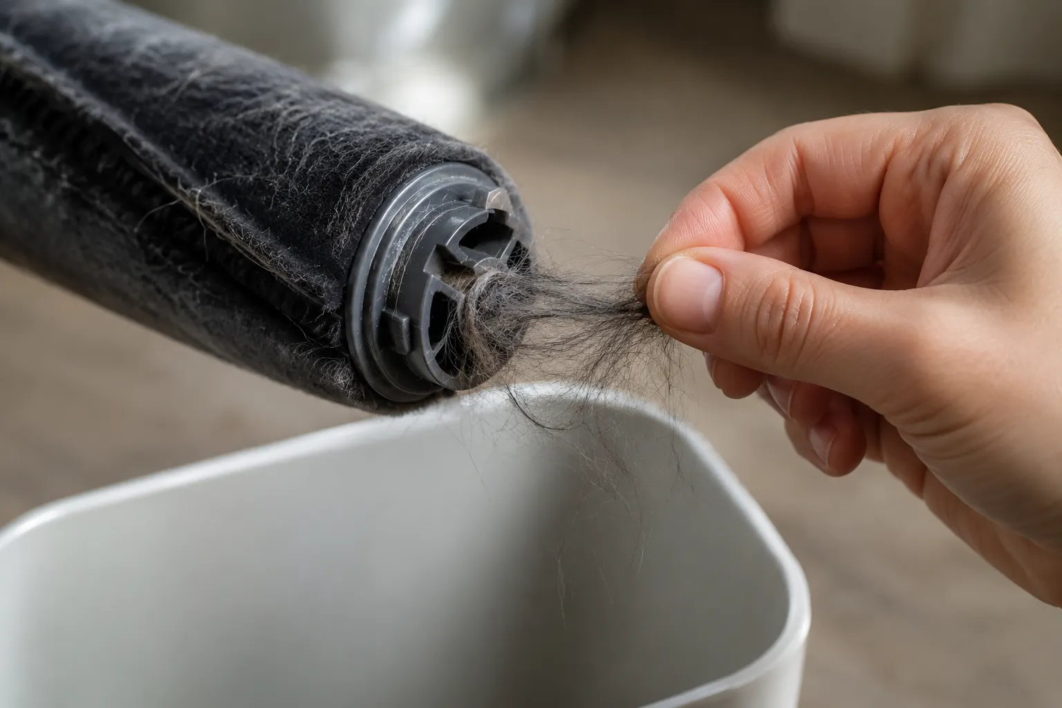 Close-up of a hand pulling tangled grey hair from the end cap of a cordless vacuum brush roll over an open bin.