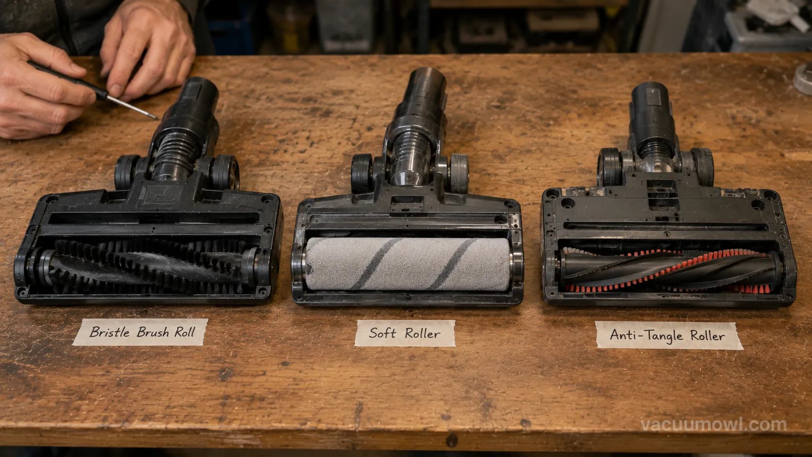 Three vacuum brush roll types shown on a repair workbench