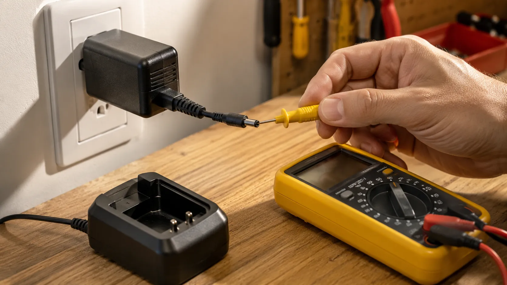 Close-up of a vacuum cleaner charger adapter plugged into a wall outlet while a digital multimeter probe tests the charger output voltage on a workbench.