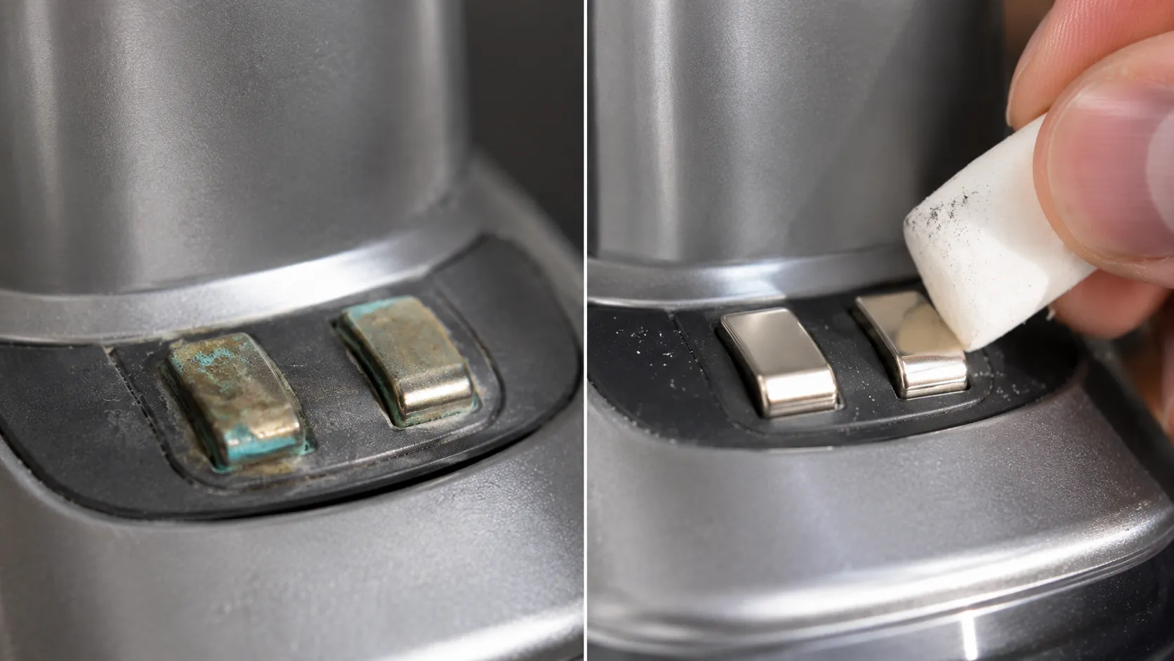Before-and-after close-up of cordless vacuum charging contacts showing oxidized terminals restored to a clean, shiny finish using a white pencil eraser for improved charging performance.