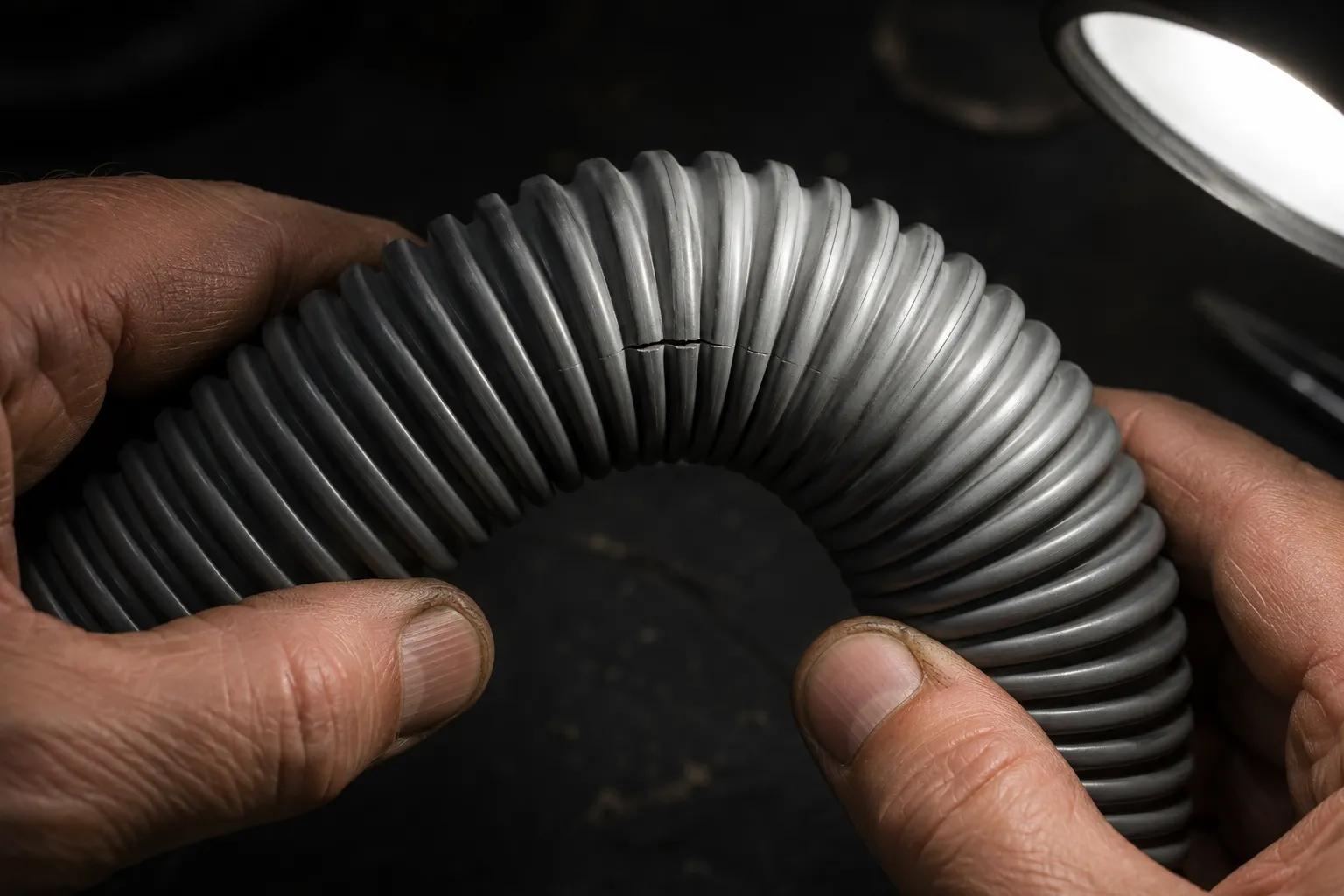 Close-up of a grey ribbed vacuum hose bent under a desk lamp, revealing a fine hairline crack that remains hidden when the hose is straight.