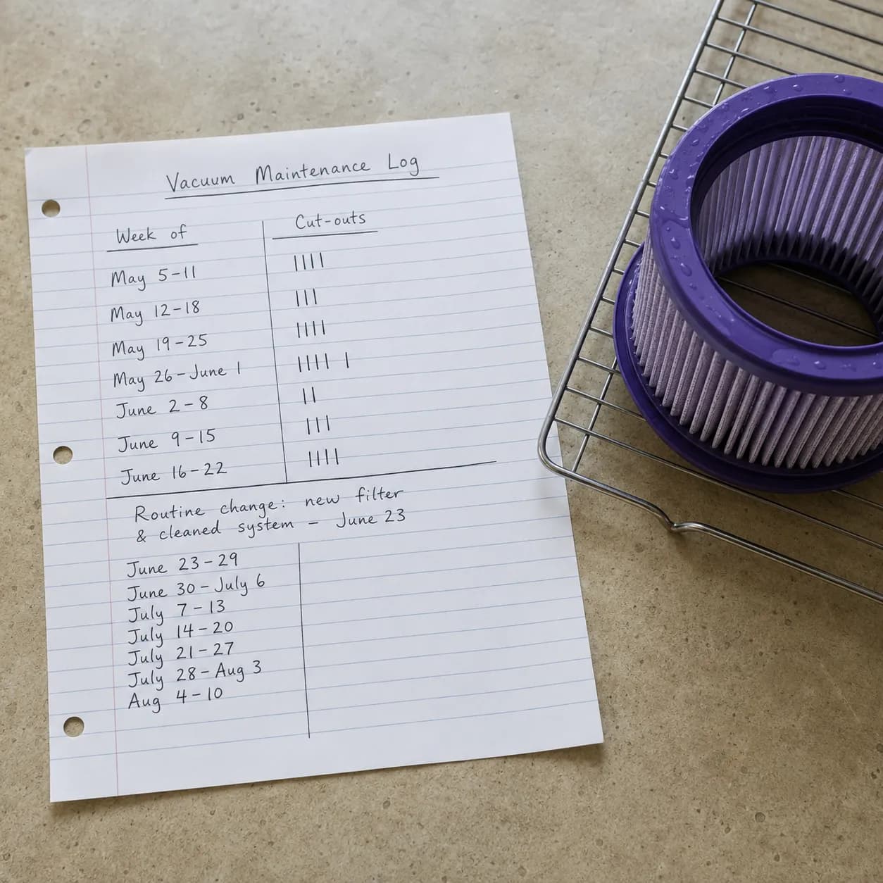 Overhead view of a handwritten vacuum maintenance log showing weekly cut-outs before a filter change and none afterward, beside a washed purple filter drying on a rack.