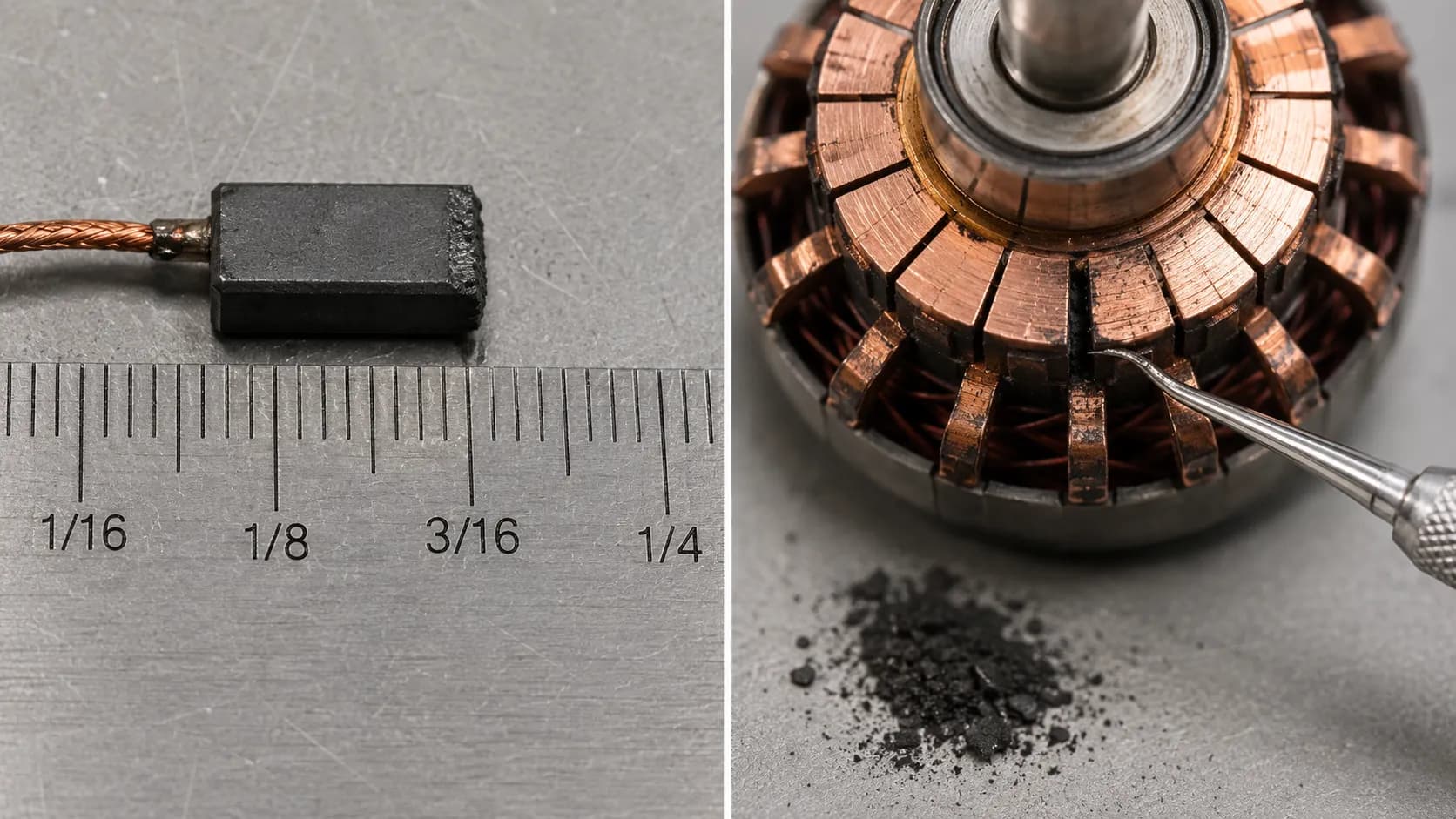 Worn vacuum motor carbon brush measured against a ruler beside a commutator being cleaned of carbon dust between copper segments.