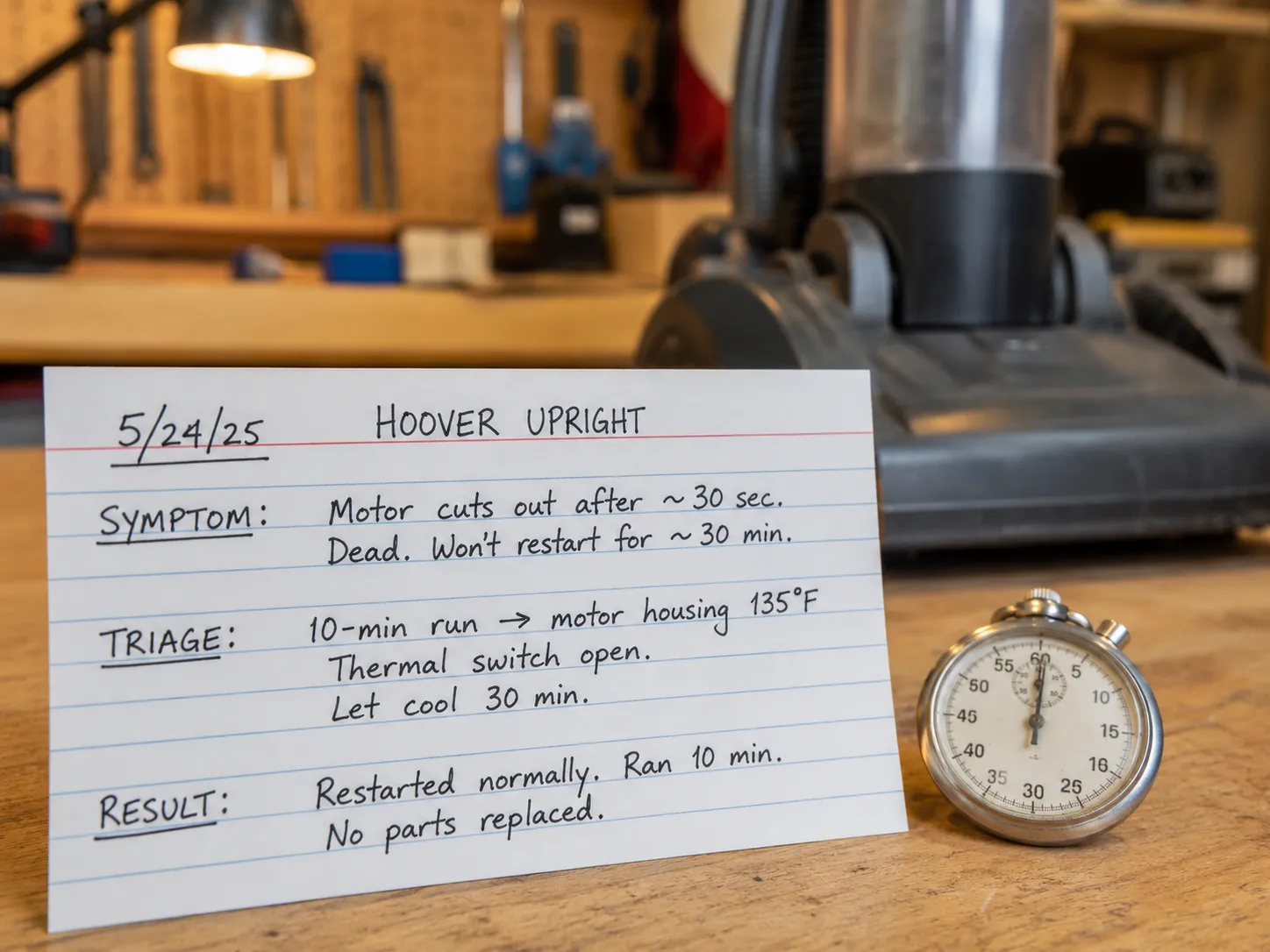 Handwritten repair log showing a vacuum motor overheating, restarting after a 30-minute cool-down, and running again with no parts replaced.