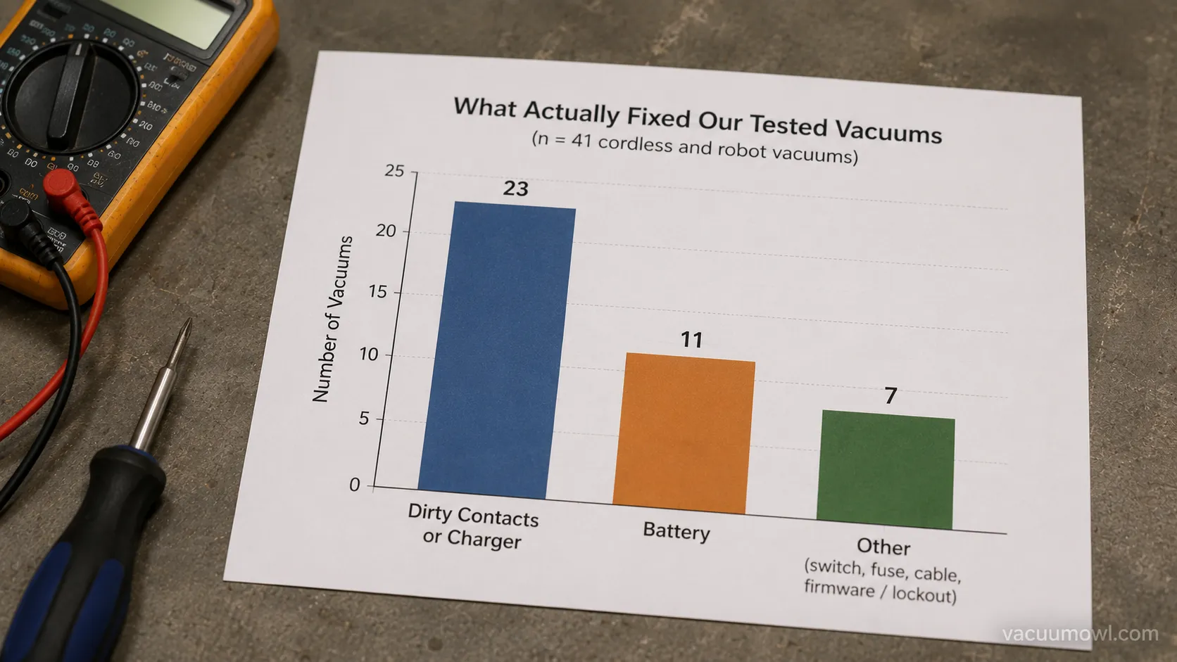 bar chart of what fixed vacuum not charging across tested cordless and robot units