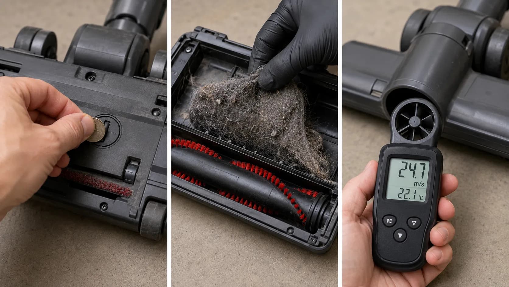Three-panel vacuum repair sequence showing a coin opening the nozzle base, a hair mat removed from behind the brushroll and an anemometer checking airflow at the cleared nozzle.