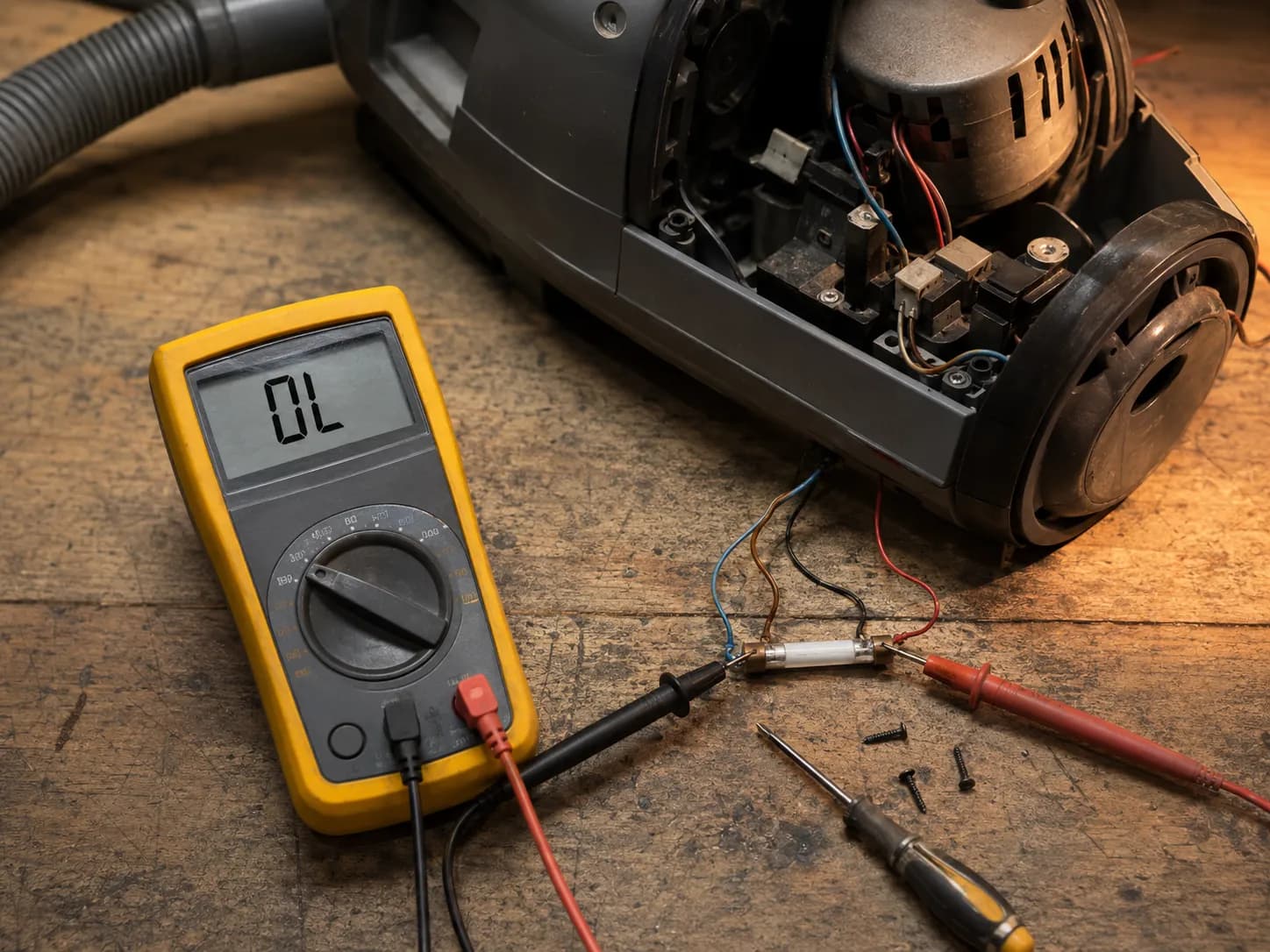 Digital multimeter displaying an open-circuit reading while testing a vacuum cleaner thermal fuse for continuity on a workshop bench.