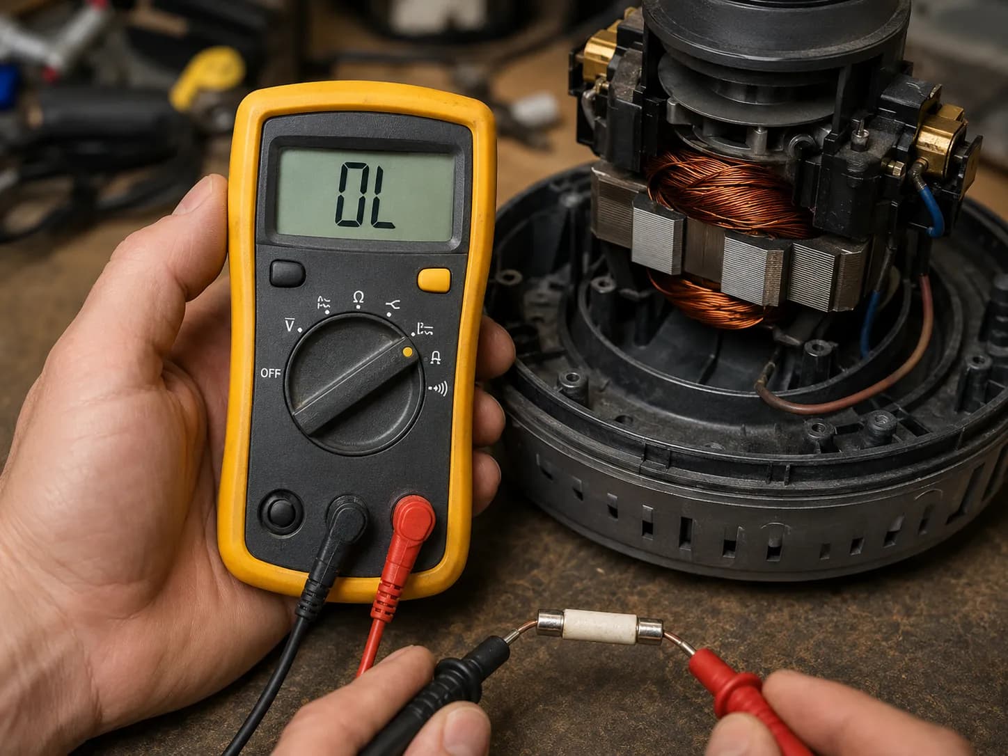 Digital multimeter showing an OL open-line reading while testing a blown vacuum thermal fuse inside an opened motor housing.