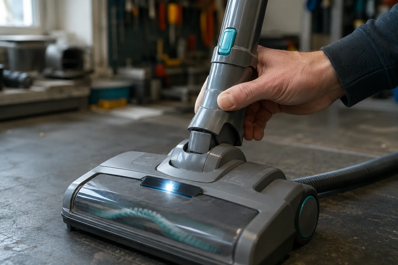 Hand flexing an upright vacuum wand at the swivel joint while the floor head indicator light flickers during a diagnostic test.