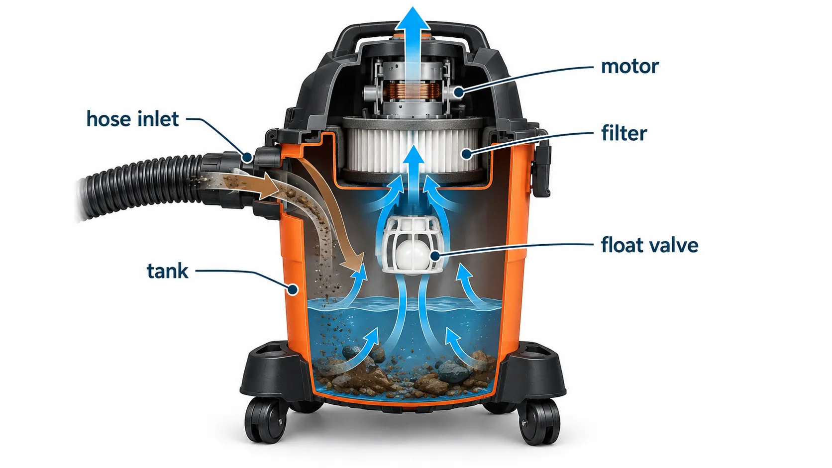 Cutaway diagram of a wet/dry vacuum showing the float valve and motor path