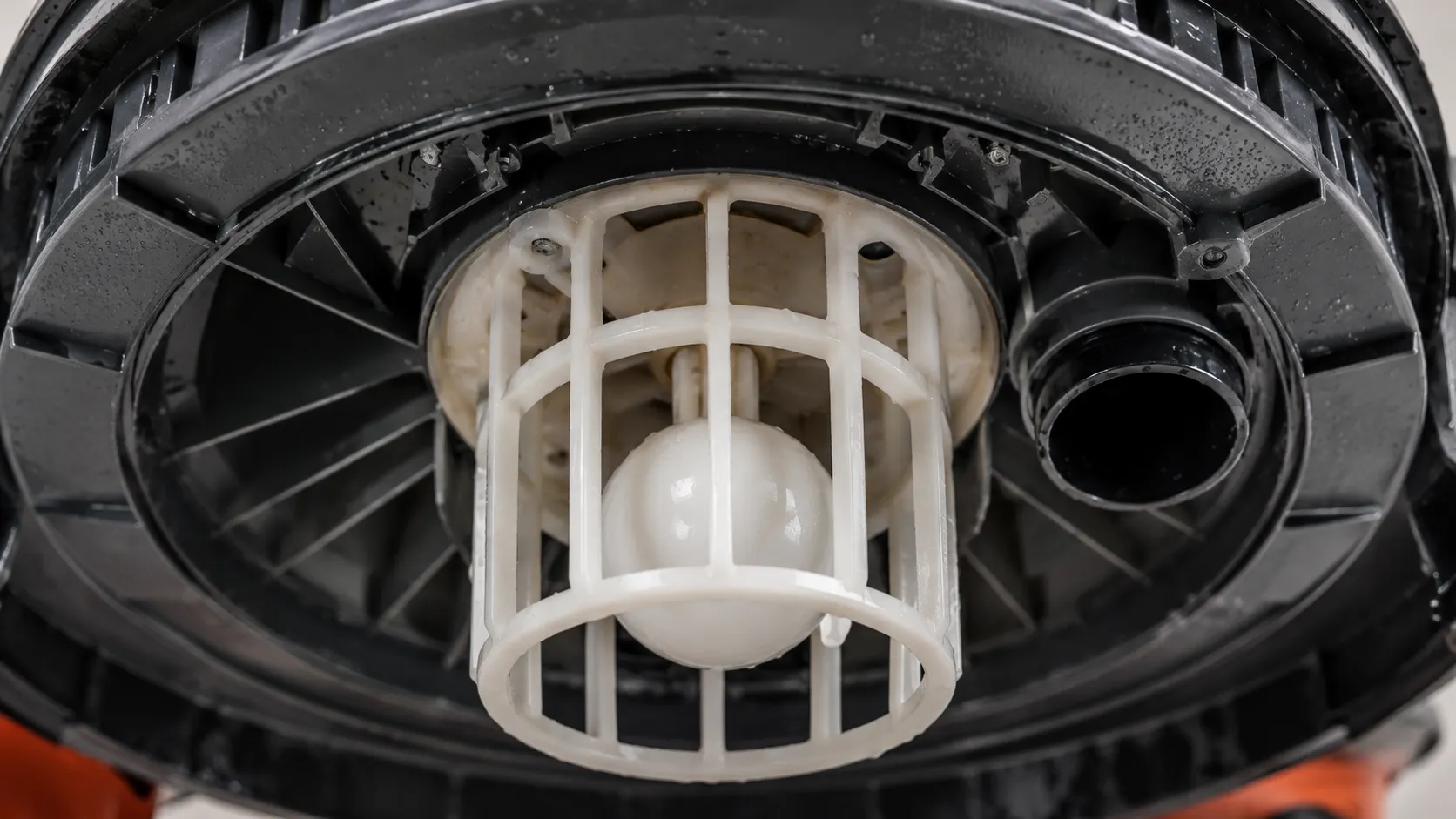 Close-up of the float valve inside a wet/dry vacuum tank