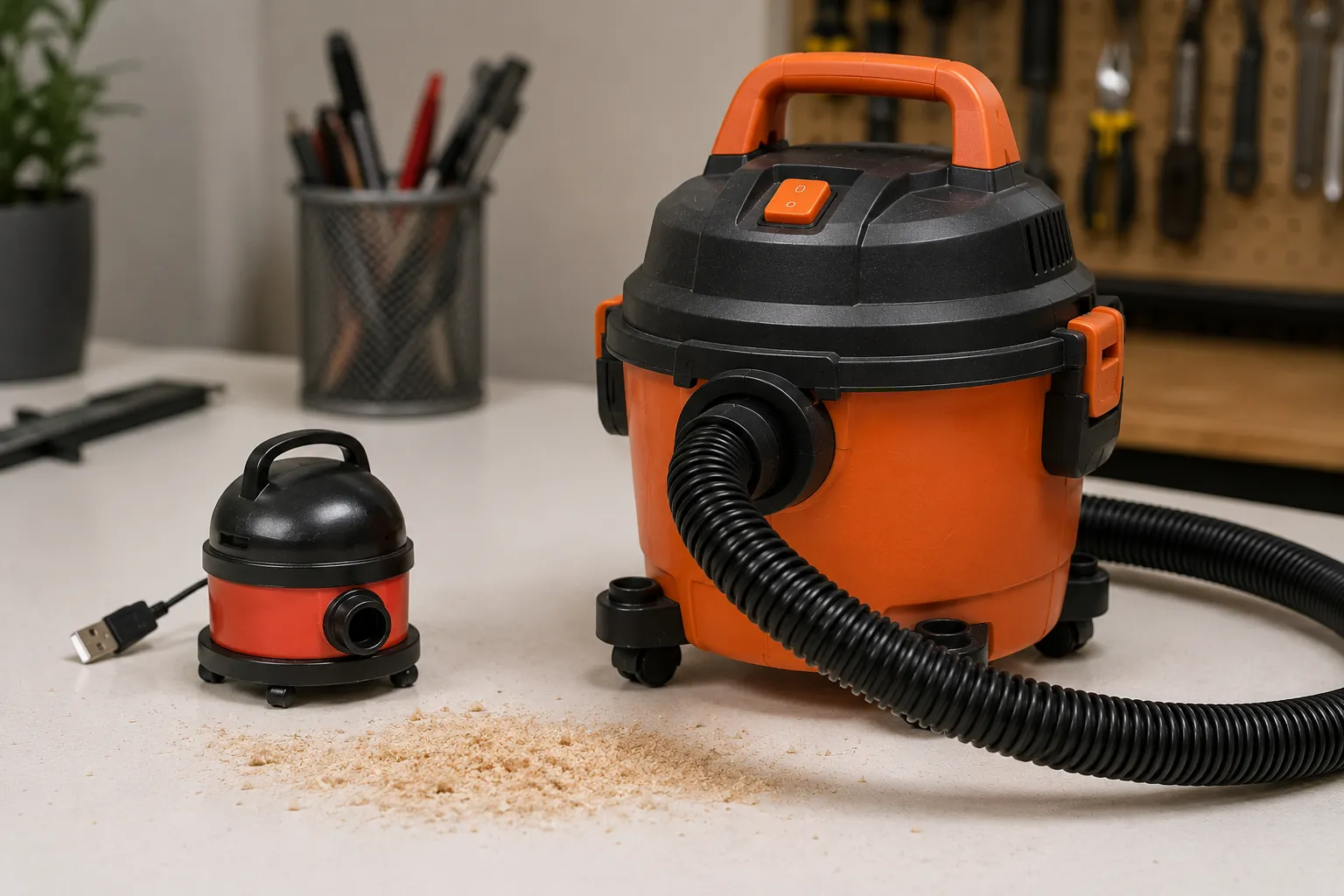 four inch USB novelty vacuum toy next to a real one gallon shop vac on a desk
