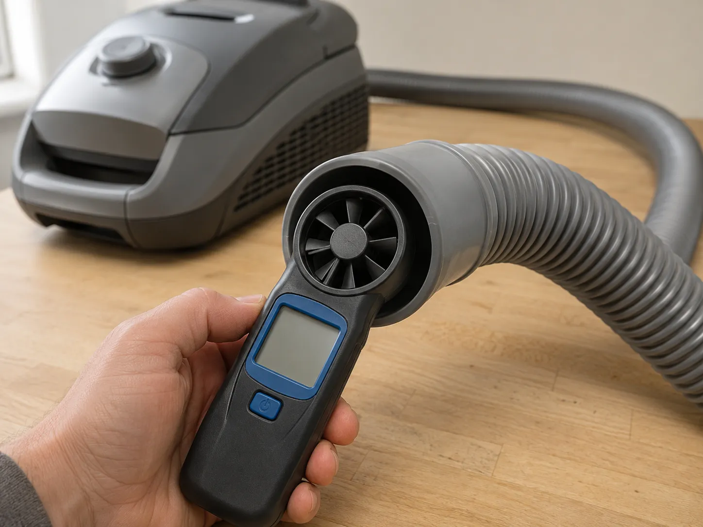Handheld vane anemometer measuring airflow at the hose cuff of an 81414 bagged canister vacuum during testing.