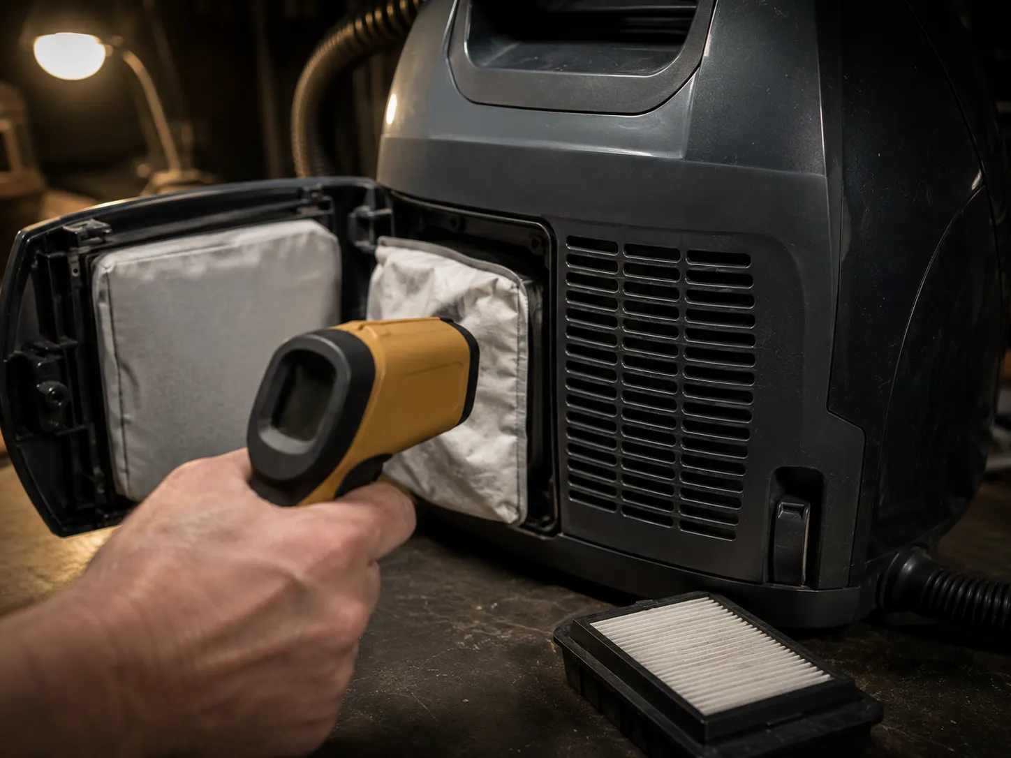 Handheld infrared thermometer measuring the vented motor housing of an 81414 bagged canister vacuum during the twenty-minute cooldown test.