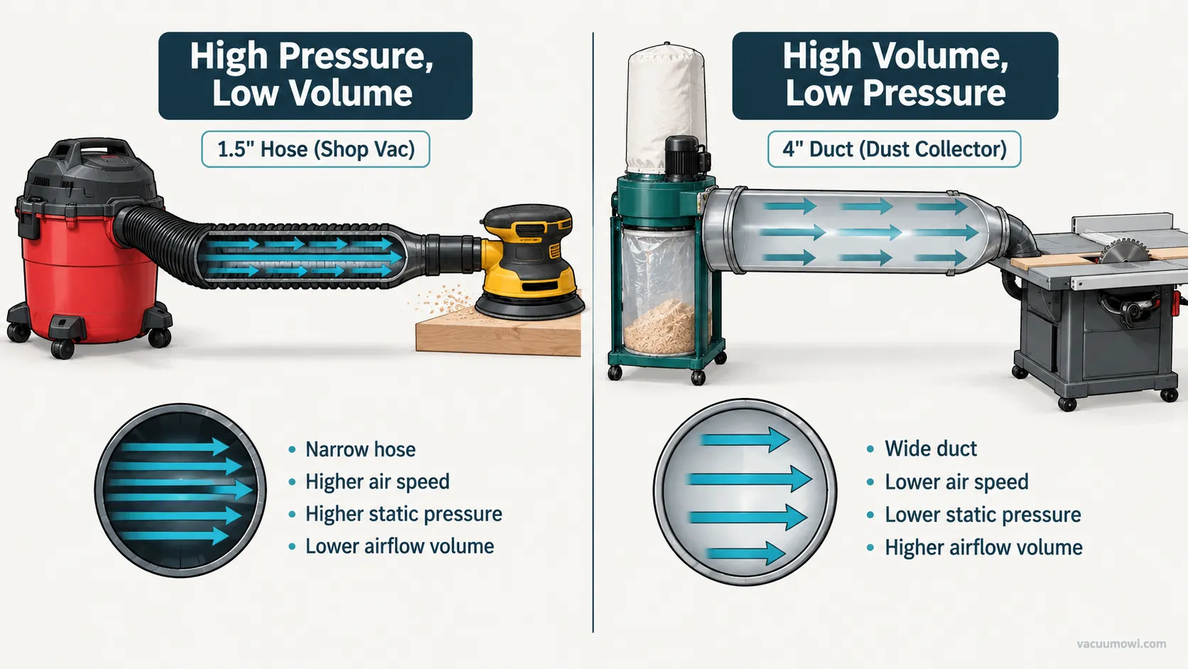 diagram of high pressure shop vac versus high volume dust collector airflow