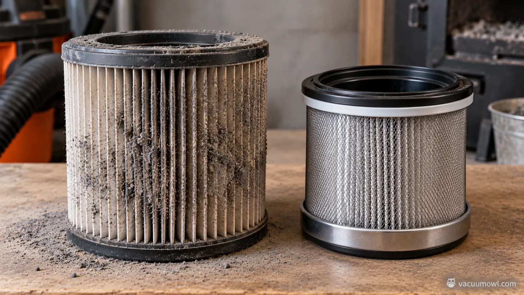 shop vac pleated cartridge beside ash vacuum sealed filter showing residue