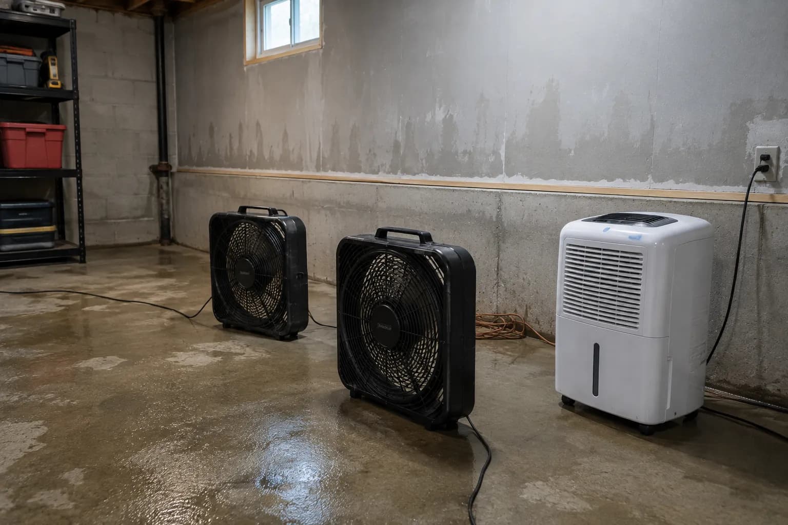 fans and dehumidifier drying a basement within the 48-hour mold window