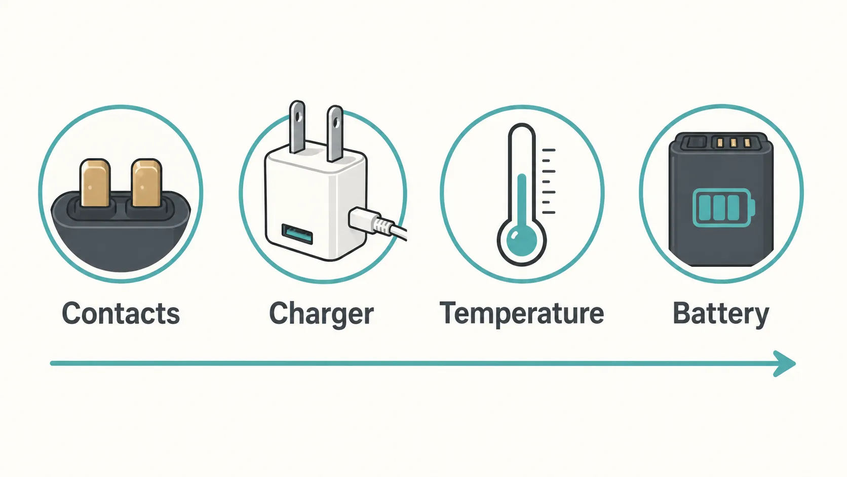Battery charging troubleshooting infographic showing the correct diagnostic order: check charging contacts, charger, temperature, and battery in a four-step vector illustration.