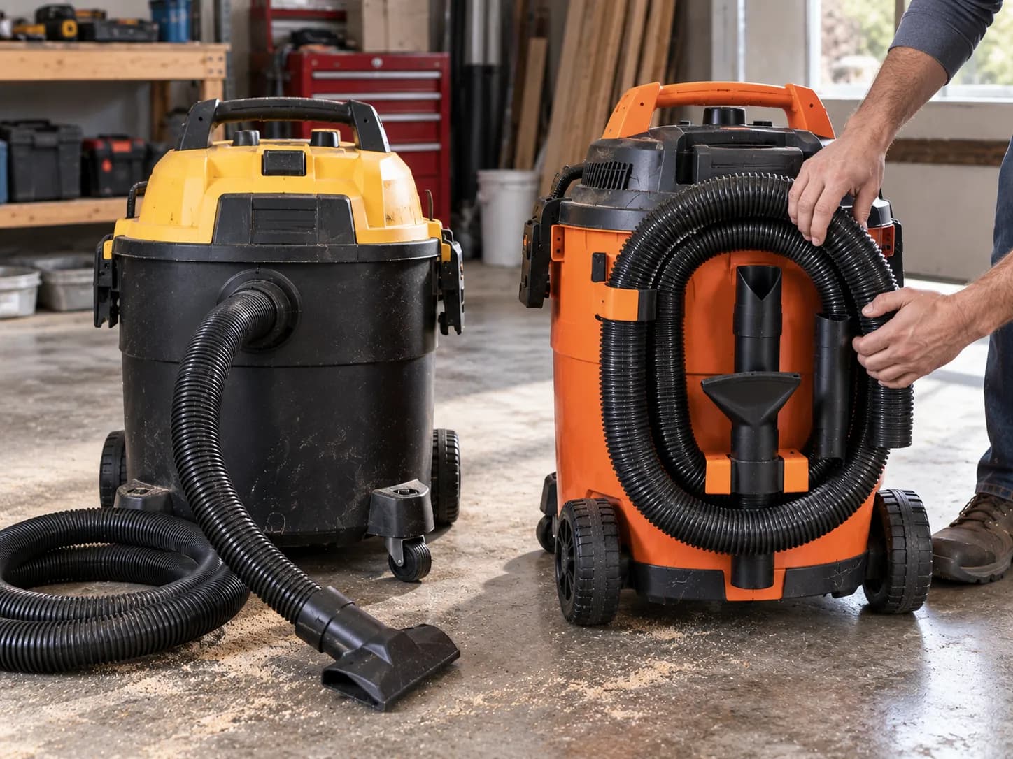 Bauer vs Ridgid shop vac comparing onboard accessory storage
