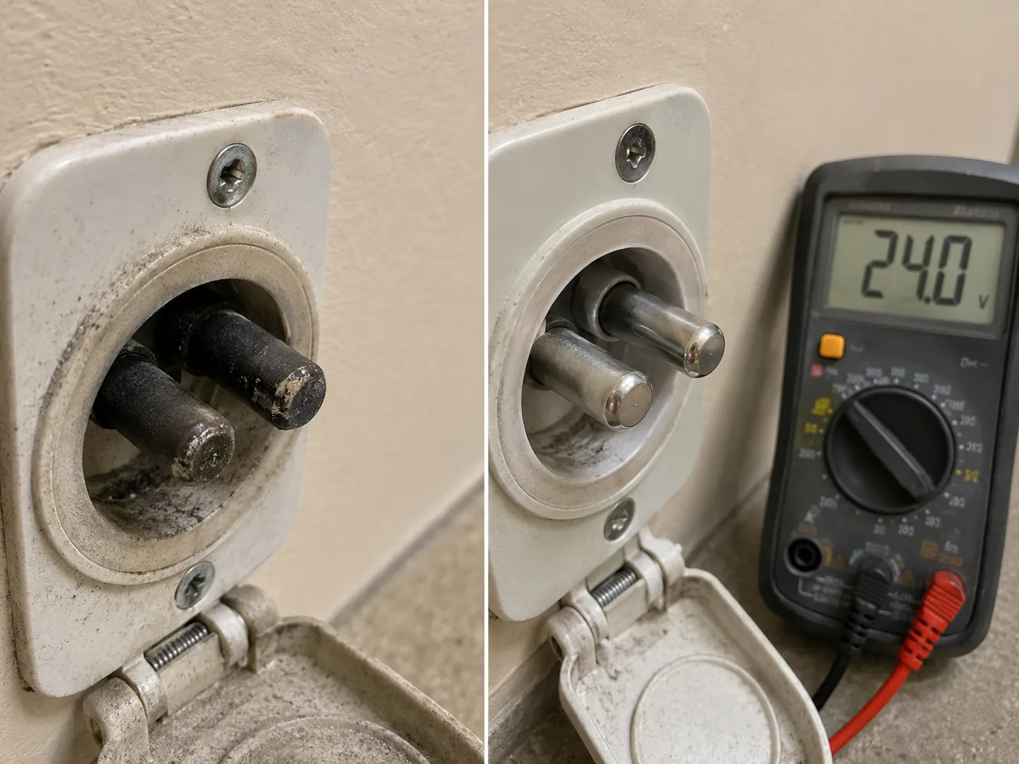 Before-and-after view of Beam central vacuum inlet contacts showing oxidized contacts before sanding and cleaned contacts after sanding with a multimeter reading 24 volts.