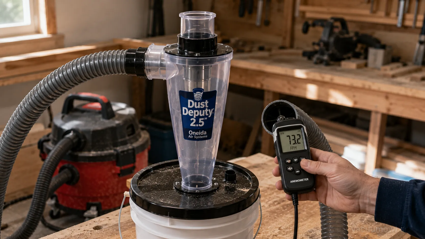 Dust Deputy 2.5 cyclone on a bucket with an airflow meter during shop vac dust collection testing.