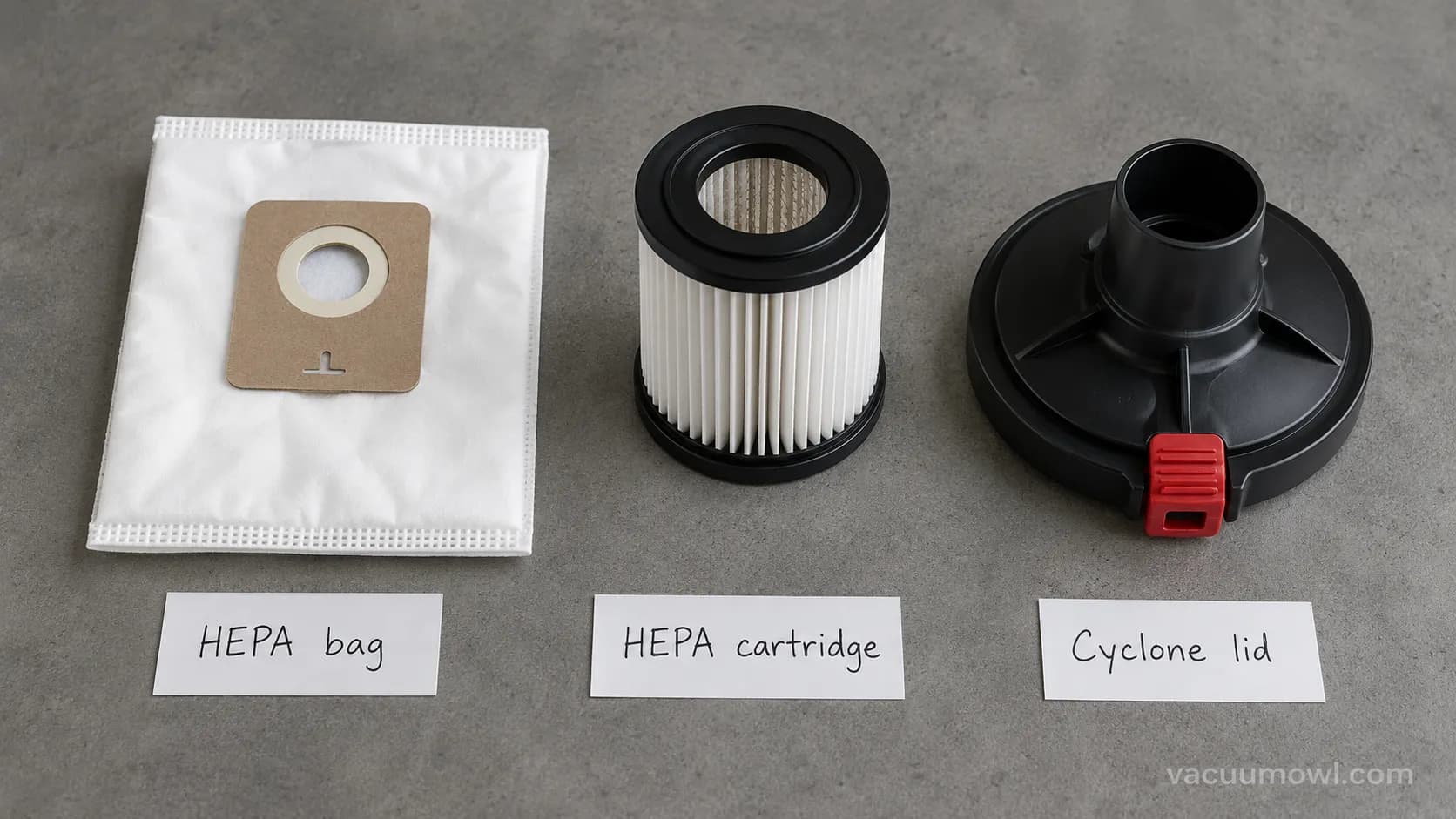 HEPA bag, HEPA cartridge, and cyclone lid laid out as the recommended drywall dust filter combo.