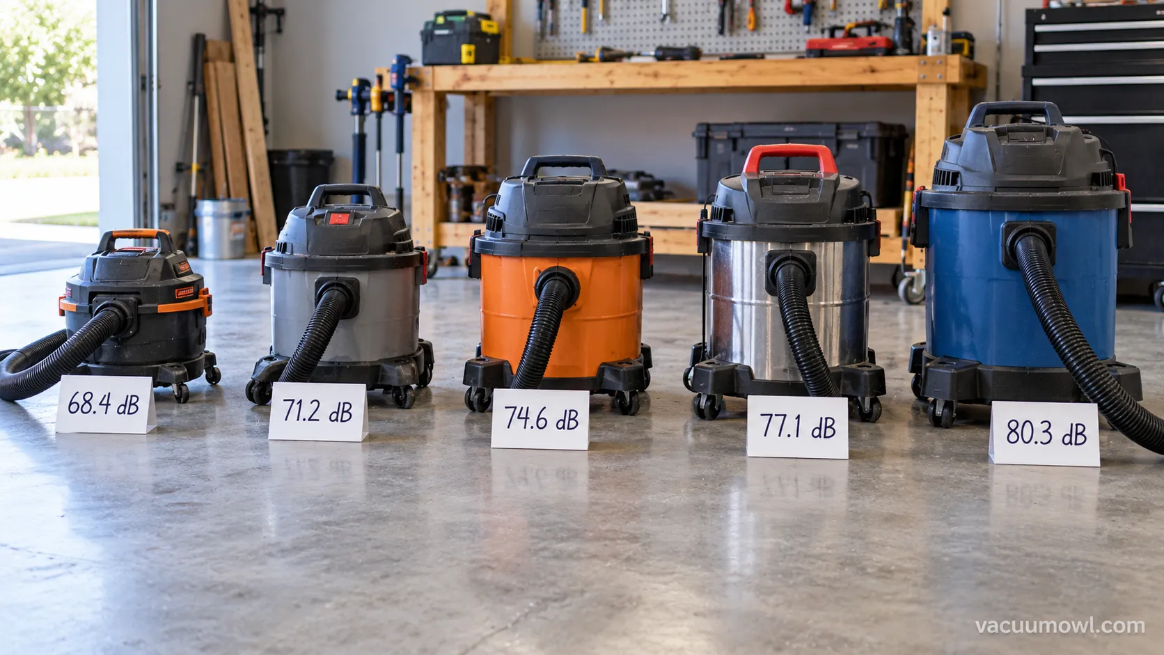 Five quiet shop vacs tested side by side.