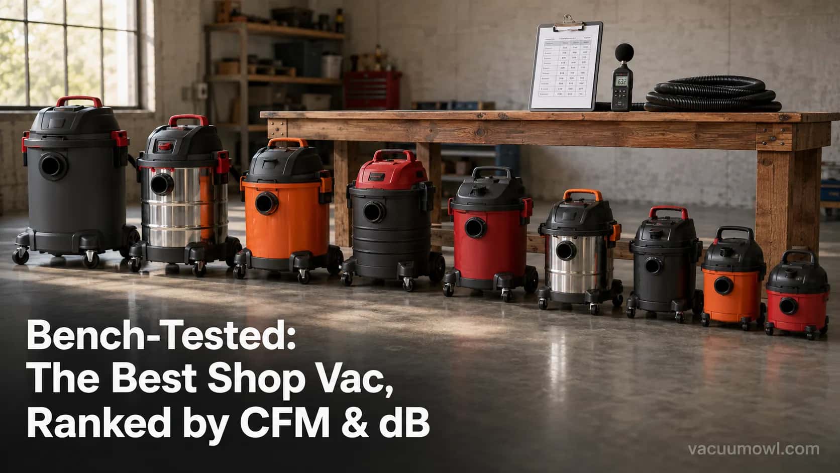 nine tested shop vacs lined up in a workshop for a best shop vac 2026 comparison.